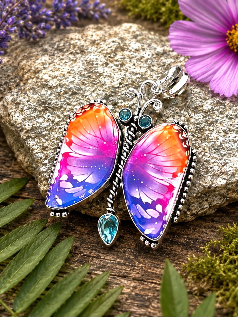 Fancy Dichroic Glass & Blue Topaz Butterfly 2.3” Pendant